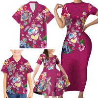 Hawaiian Turtles and Tropical Plants Family Matching Short Sleeve Bodycon Dress and Hawaiian Shirt Pink Watercolor