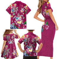 Hawaiian Turtles and Tropical Plants Family Matching Short Sleeve Bodycon Dress and Hawaiian Shirt Pink Watercolor
