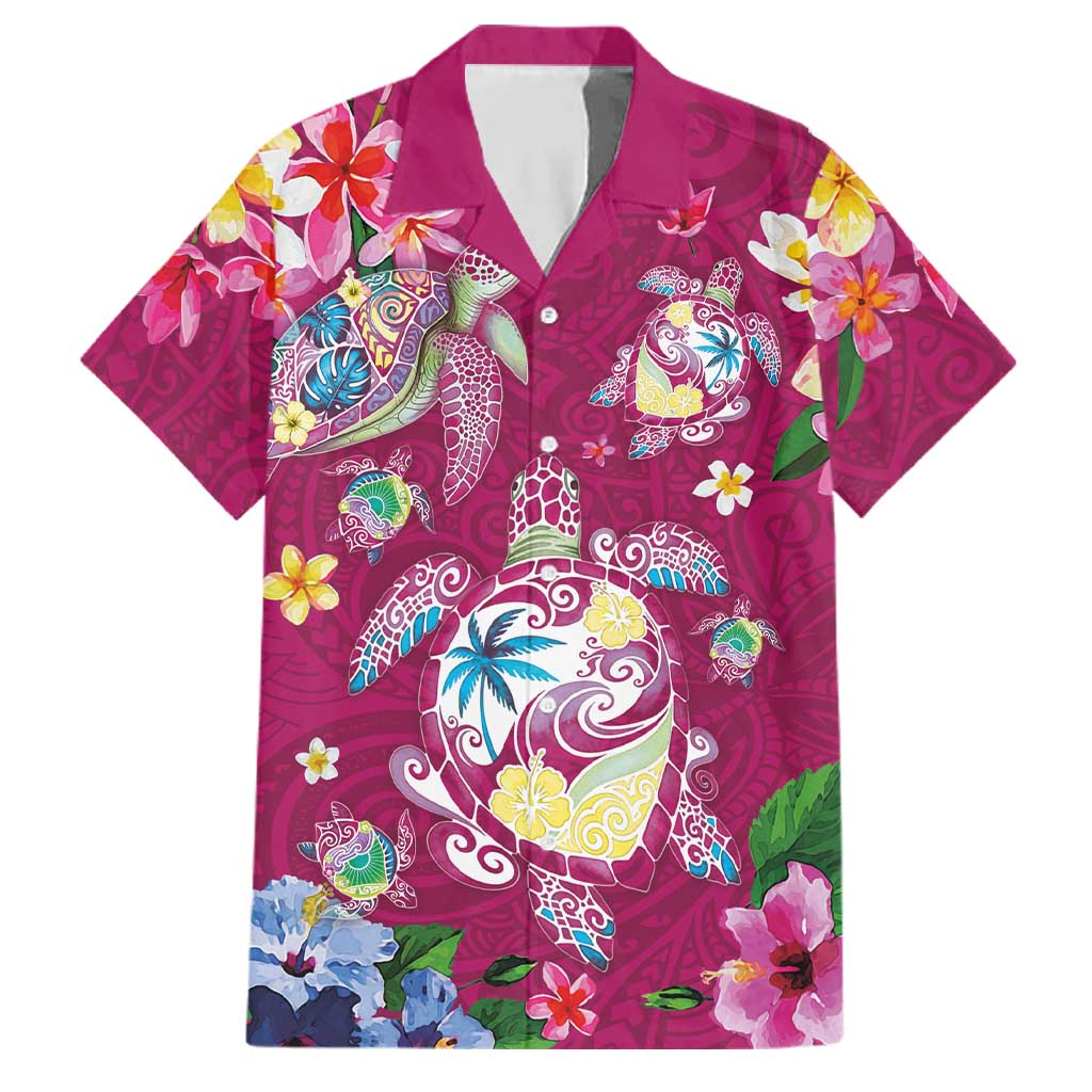 Hawaiian Turtles and Tropical Plants Family Matching Short Sleeve Bodycon Dress and Hawaiian Shirt Pink Watercolor