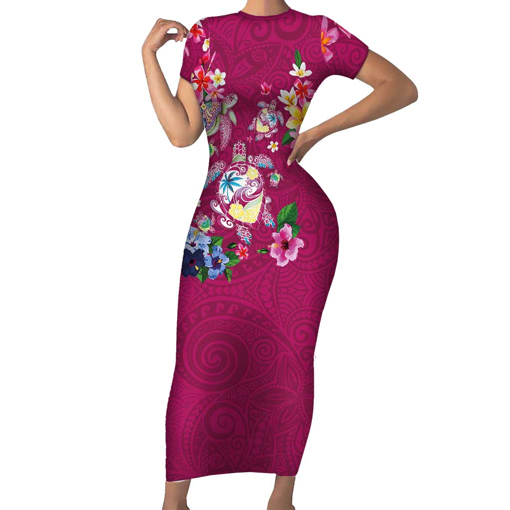 Hawaiian Turtles and Tropical Plants Family Matching Short Sleeve Bodycon Dress and Hawaiian Shirt Pink Watercolor