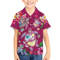 Hawaiian Turtles and Tropical Plants Family Matching Short Sleeve Bodycon Dress and Hawaiian Shirt Pink Watercolor
