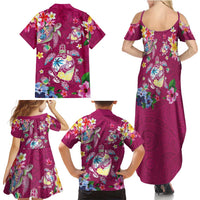 Hawaiian Turtles and Tropical Plants Family Matching Summer Maxi Dress and Hawaiian Shirt Pink Watercolor
