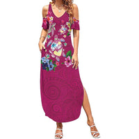 Hawaiian Turtles and Tropical Plants Family Matching Summer Maxi Dress and Hawaiian Shirt Pink Watercolor