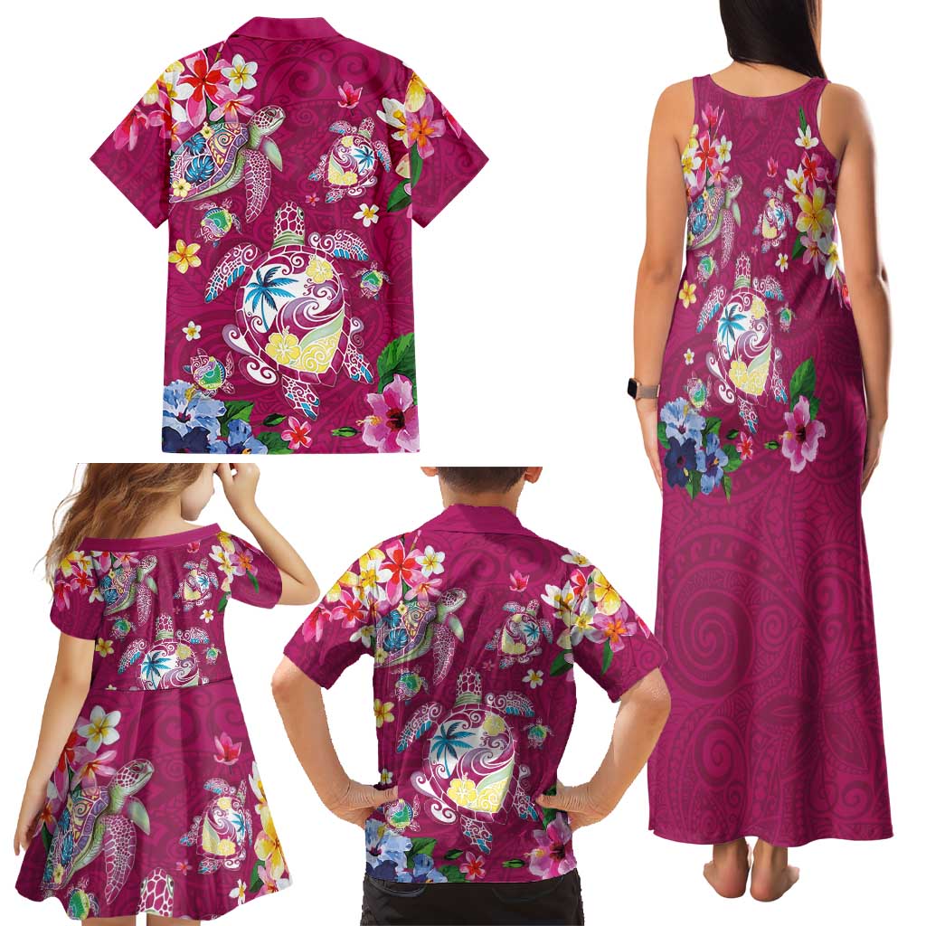 Hawaiian Turtles and Tropical Plants Family Matching Tank Maxi Dress and Hawaiian Shirt Pink Watercolor