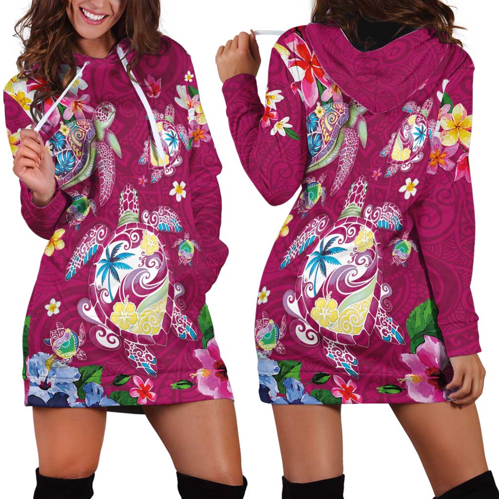 Hawaiian Turtles and Tropical Plants Hoodie Dress Pink Watercolor LT03 - Polynesian Pride