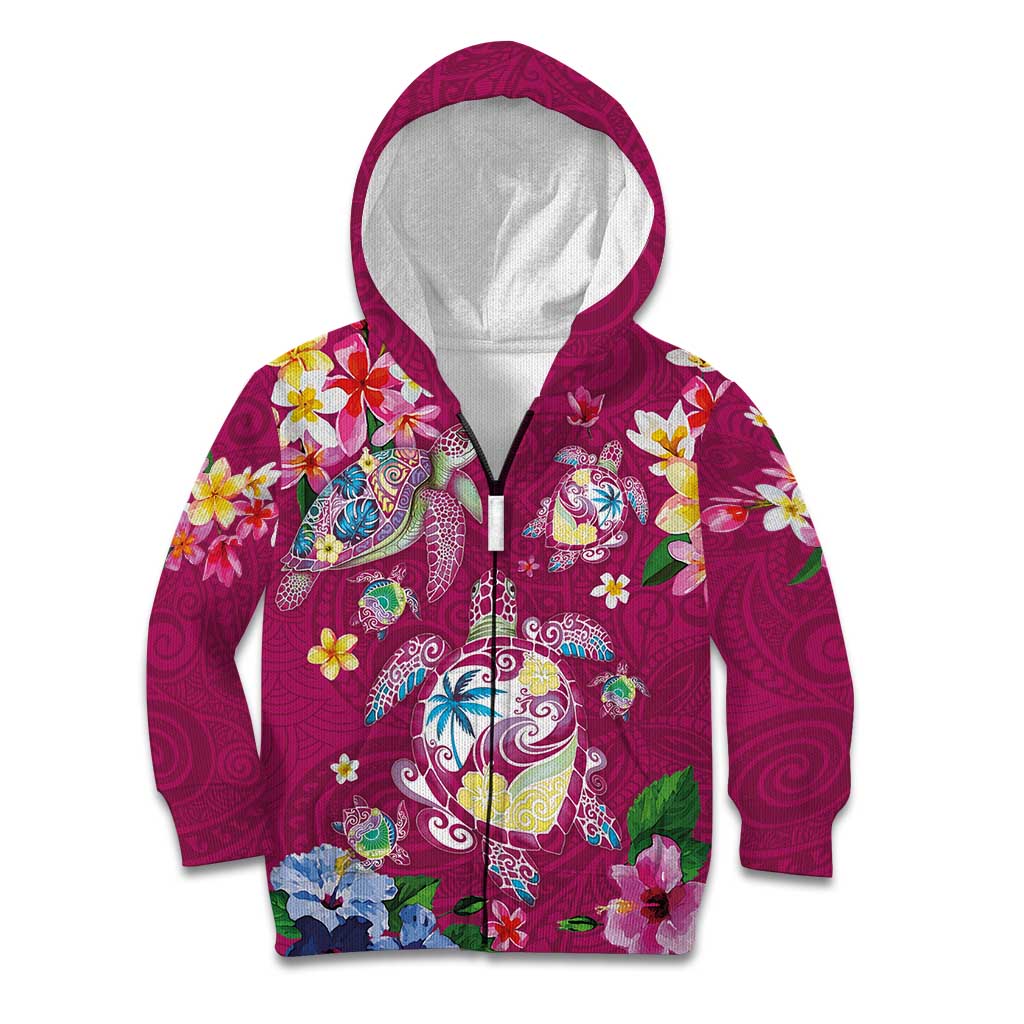 Hawaiian Turtles and Tropical Plants Kid Hoodie Pink Watercolor LT03 Zip Hoodie Pink - Polynesian Pride