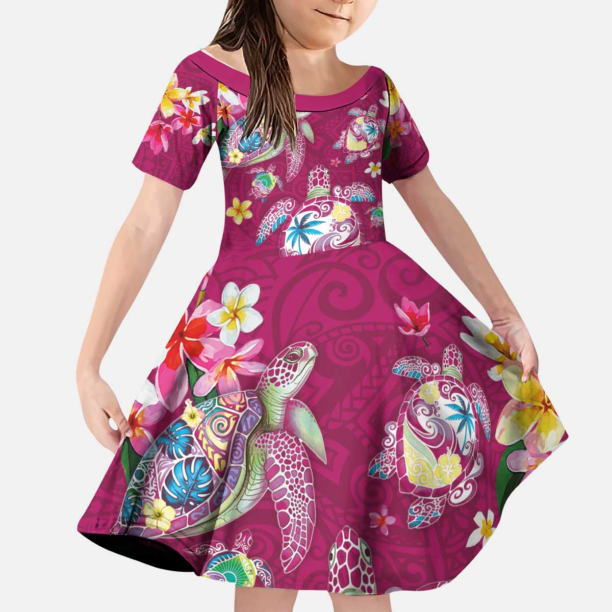 Hawaiian Turtles and Tropical Plants Kid Short Sleeve Dress Pink Watercolor LT03 KID Pink - Polynesian Pride
