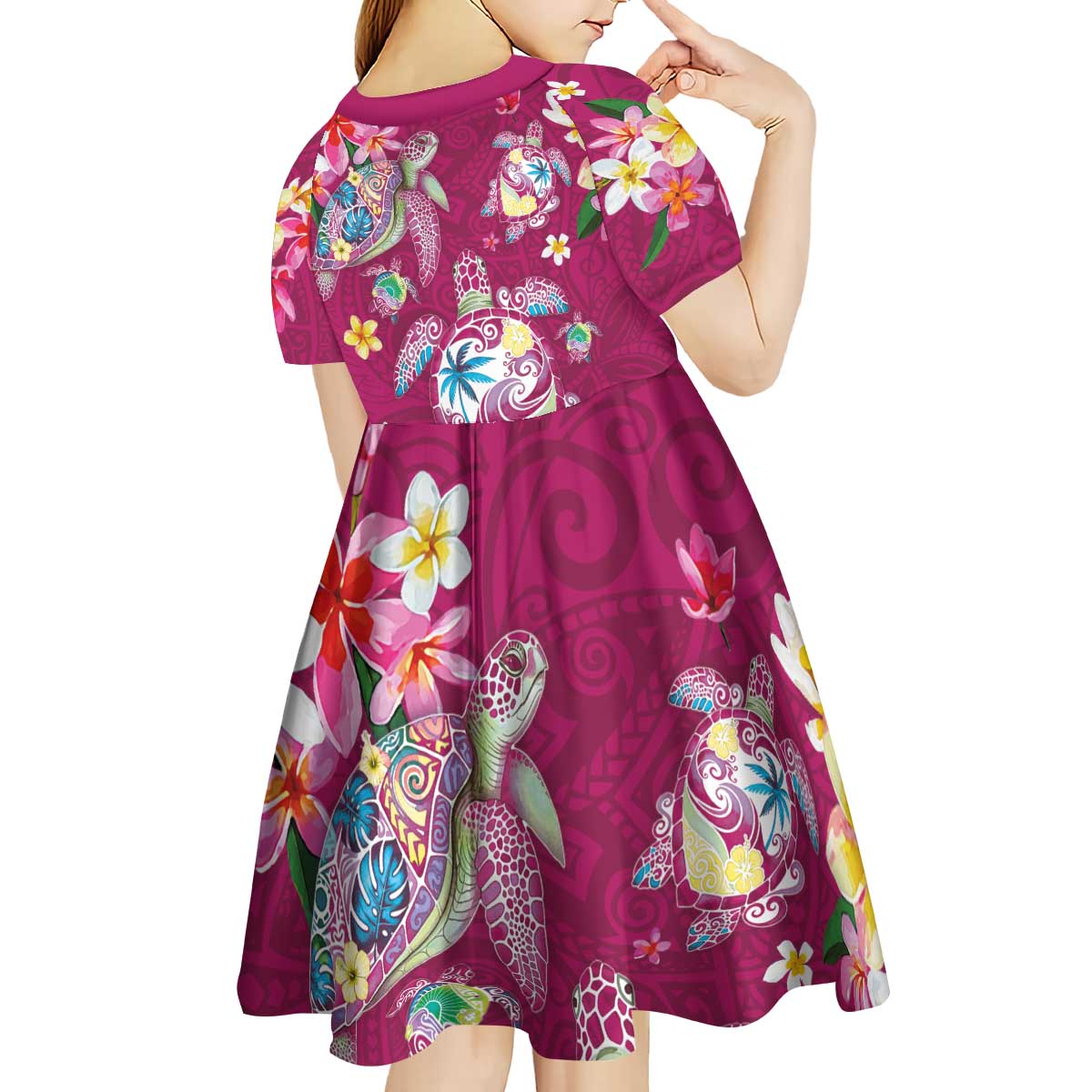 Hawaiian Turtles and Tropical Plants Kid Short Sleeve Dress Pink Watercolor LT03 - Polynesian Pride