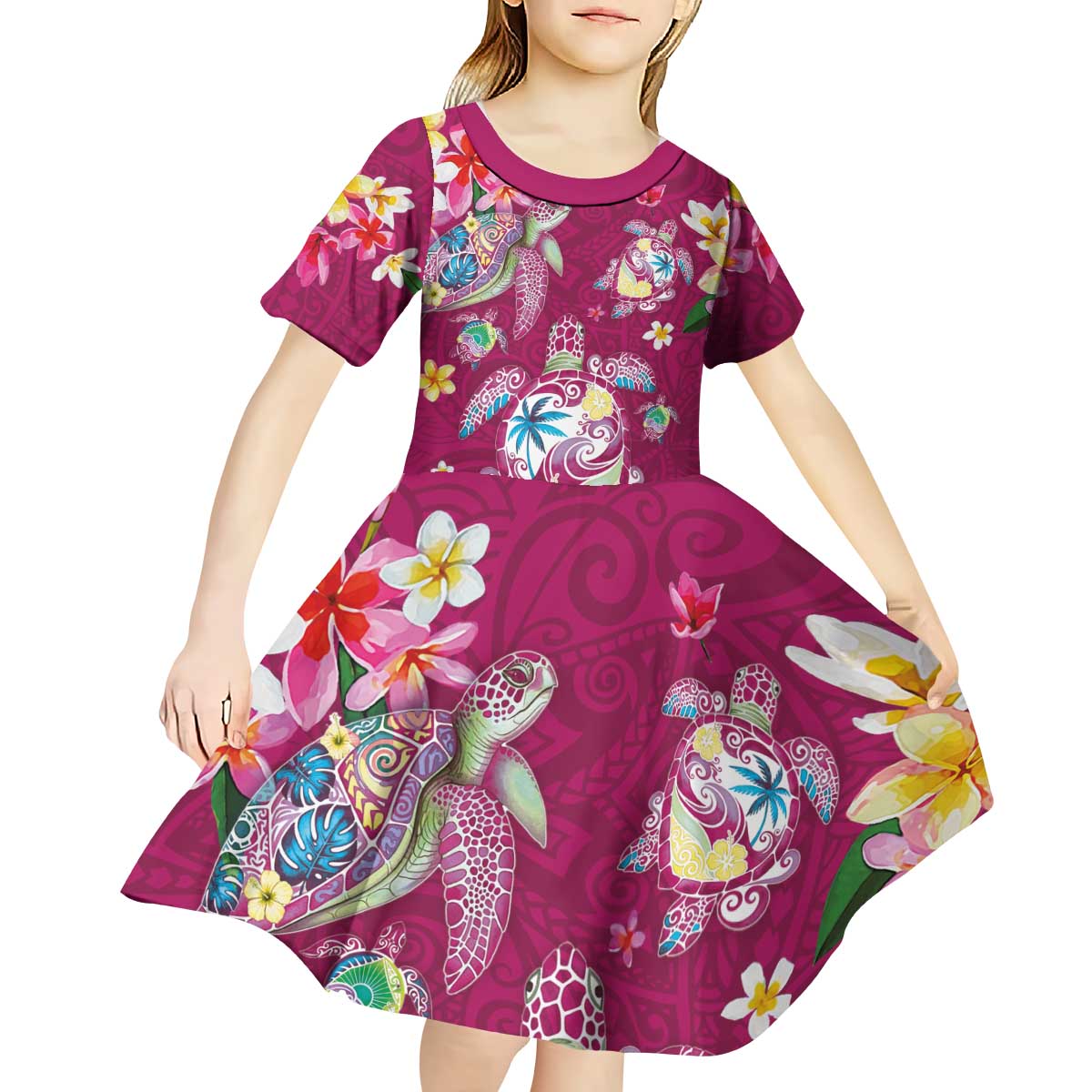 Hawaiian Turtles and Tropical Plants Kid Short Sleeve Dress Pink Watercolor LT03 - Polynesian Pride