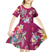 Hawaiian Turtles and Tropical Plants Kid Short Sleeve Dress Pink Watercolor LT03 - Polynesian Pride