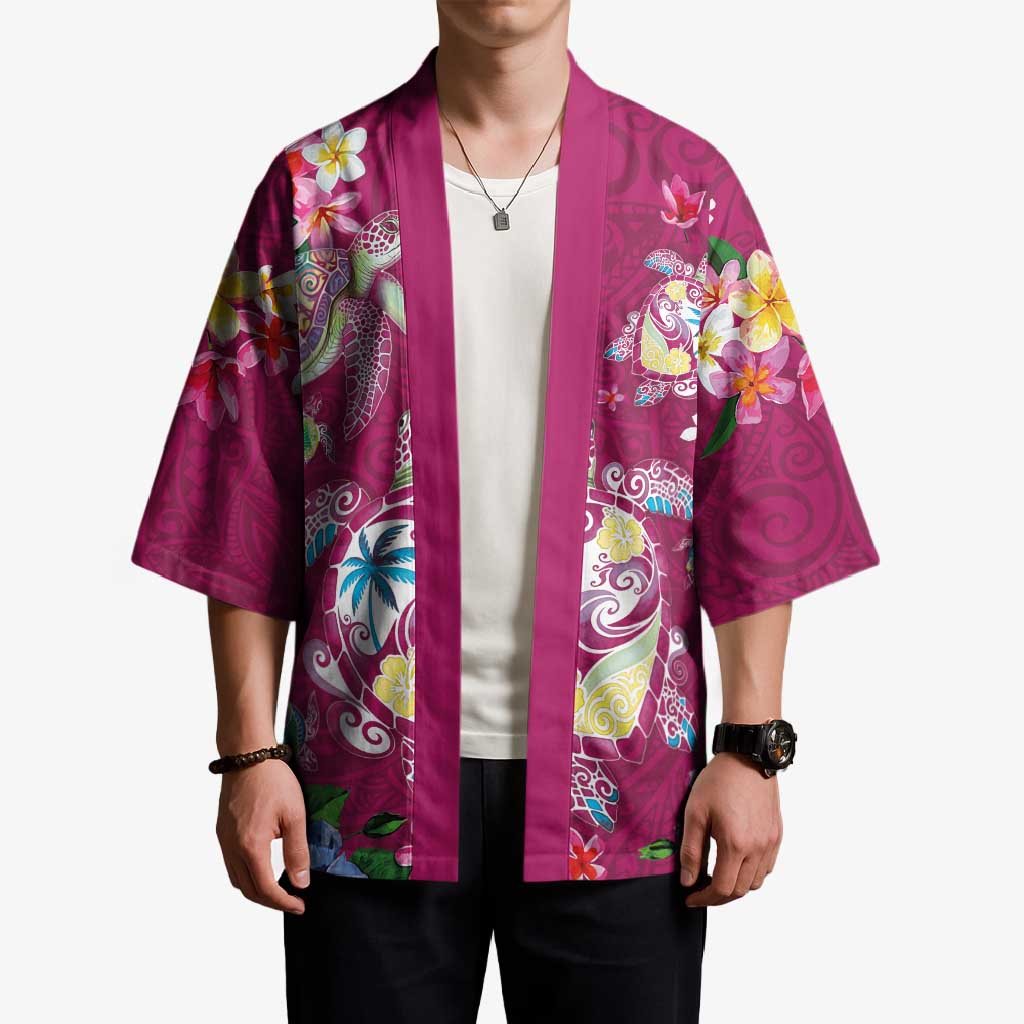 Hawaiian Turtles and Tropical Plants Kimono Pink Watercolor LT03 - Polynesian Pride