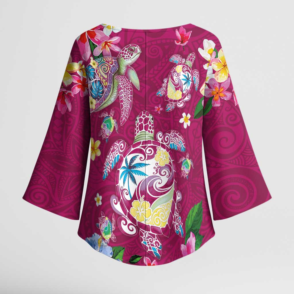 Hawaiian Turtles and Tropical Plants Kimono Sleeve Blouse Pink Watercolor LT03 - Polynesian Pride