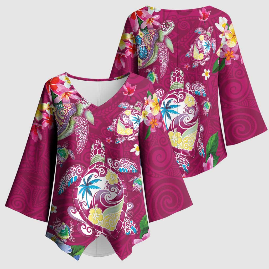 Hawaiian Turtles and Tropical Plants Kimono Sleeve Blouse Pink Watercolor LT03 - Polynesian Pride