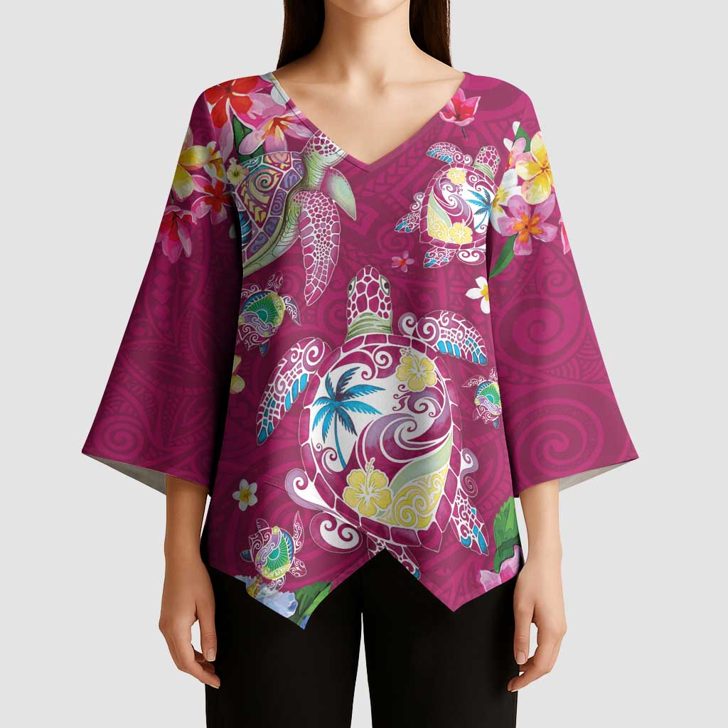 Hawaiian Turtles and Tropical Plants Kimono Sleeve Blouse Pink Watercolor LT03 - Polynesian Pride
