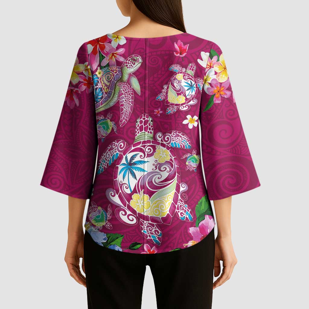 Hawaiian Turtles and Tropical Plants Kimono Sleeve Blouse Pink Watercolor LT03 - Polynesian Pride