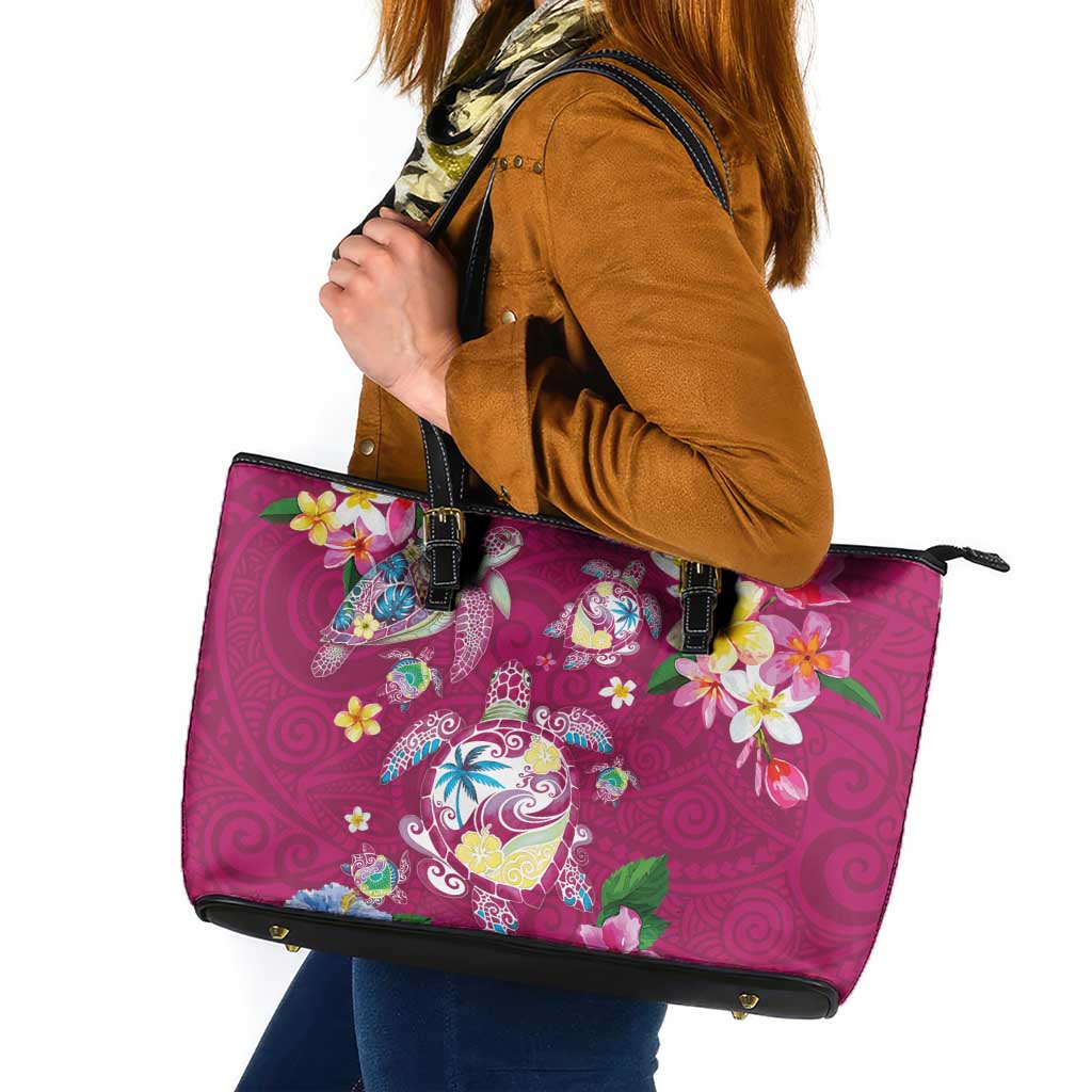 Hawaiian Turtles and Tropical Plants Leather Tote Bag Pink Watercolor