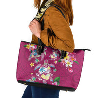Hawaiian Turtles and Tropical Plants Leather Tote Bag Pink Watercolor