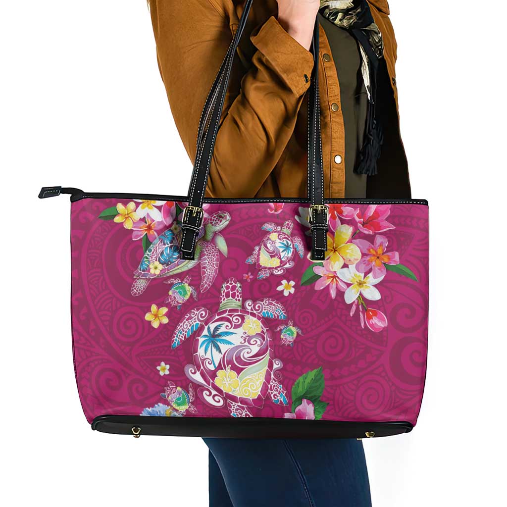 Hawaiian Turtles and Tropical Plants Leather Tote Bag Pink Watercolor
