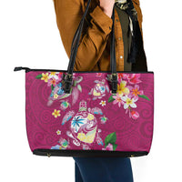 Hawaiian Turtles and Tropical Plants Leather Tote Bag Pink Watercolor