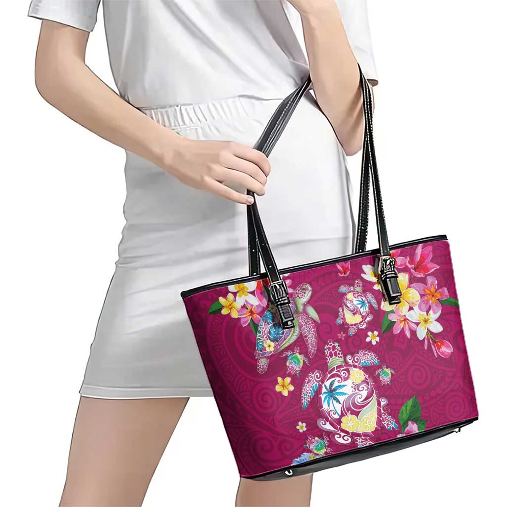 Hawaiian Turtles and Tropical Plants Leather Tote Bag Pink Watercolor