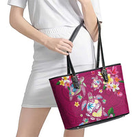 Hawaiian Turtles and Tropical Plants Leather Tote Bag Pink Watercolor