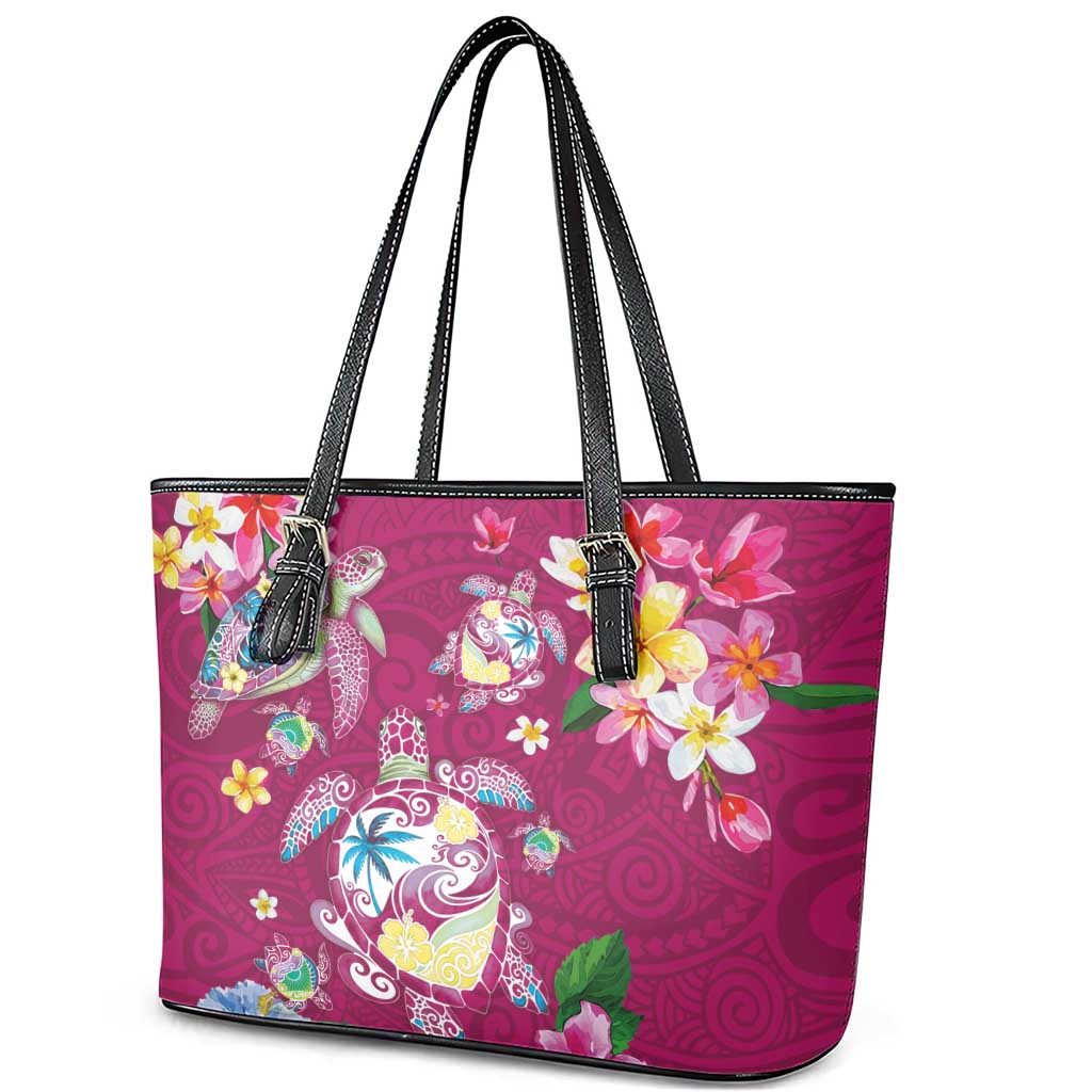 Hawaiian Turtles and Tropical Plants Leather Tote Bag Pink Watercolor