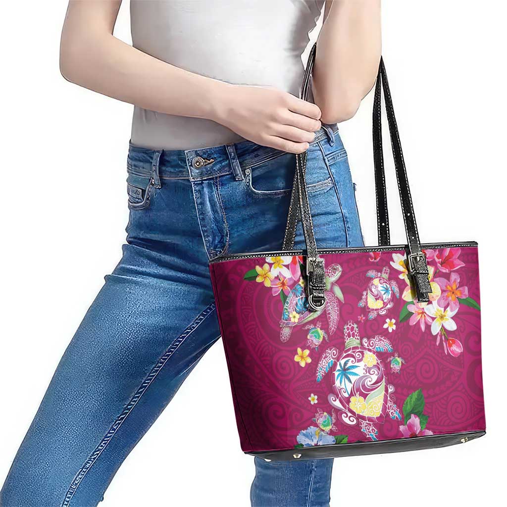 Hawaiian Turtles and Tropical Plants Leather Tote Bag Pink Watercolor