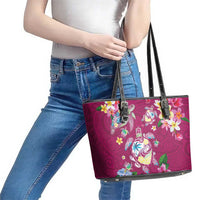 Hawaiian Turtles and Tropical Plants Leather Tote Bag Pink Watercolor