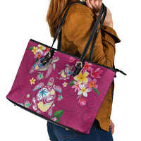 Hawaiian Turtles and Tropical Plants Leather Tote Bag Pink Watercolor