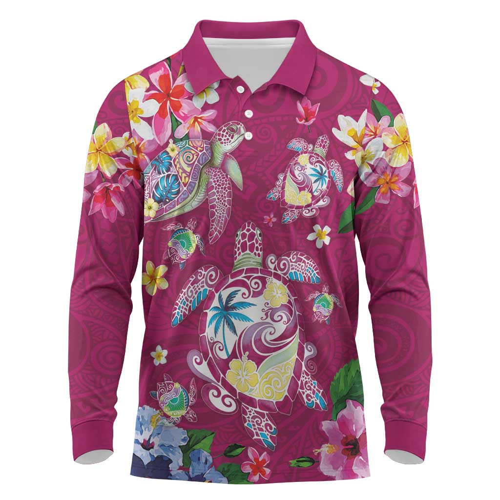 Hawaiian Turtles and Tropical Plants Long Sleeve Polo Shirt Pink Watercolor LT03 Pink - Polynesian Pride