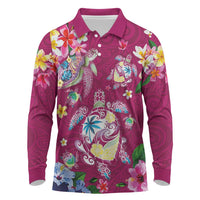 Hawaiian Turtles and Tropical Plants Long Sleeve Polo Shirt Pink Watercolor LT03 Pink - Polynesian Pride