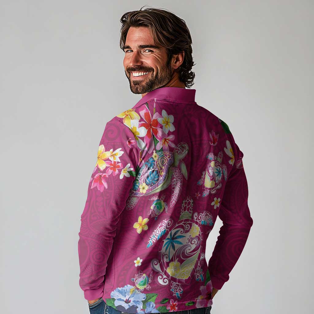 Hawaiian Turtles and Tropical Plants Long Sleeve Polo Shirt Pink Watercolor LT03 - Polynesian Pride