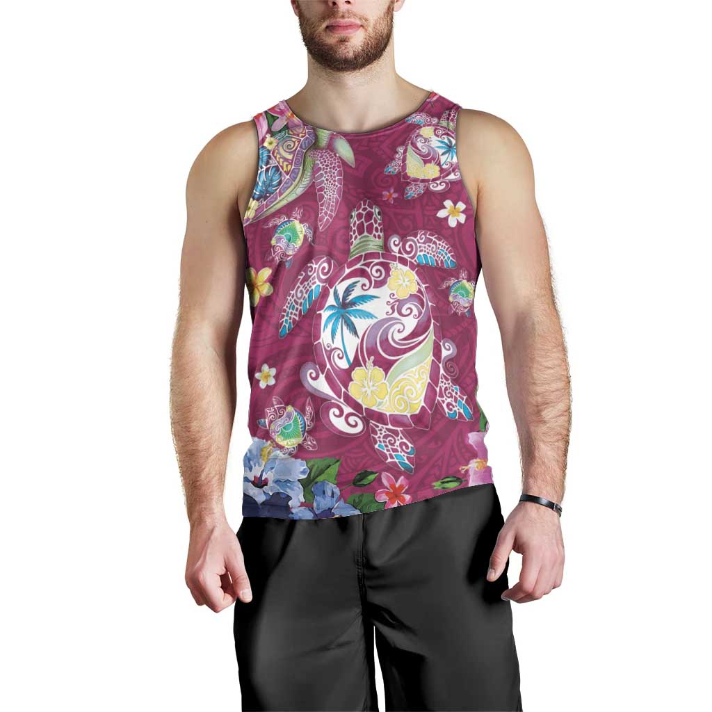Hawaiian Turtles and Tropical Plants Men Tank Top Pink Watercolor LT03 - Polynesian Pride