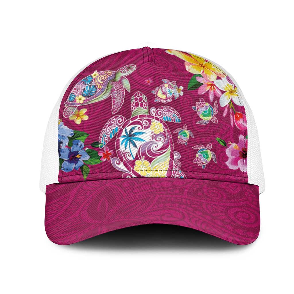 Hawaiian Turtles and Tropical Plants Mesh Trucker Cap Pink Watercolor LT03 One Size White Pink - Polynesian Pride