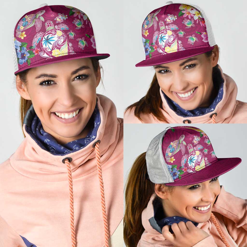 Hawaiian Turtles and Tropical Plants Mesh Trucker Cap Pink Watercolor LT03 - Polynesian Pride