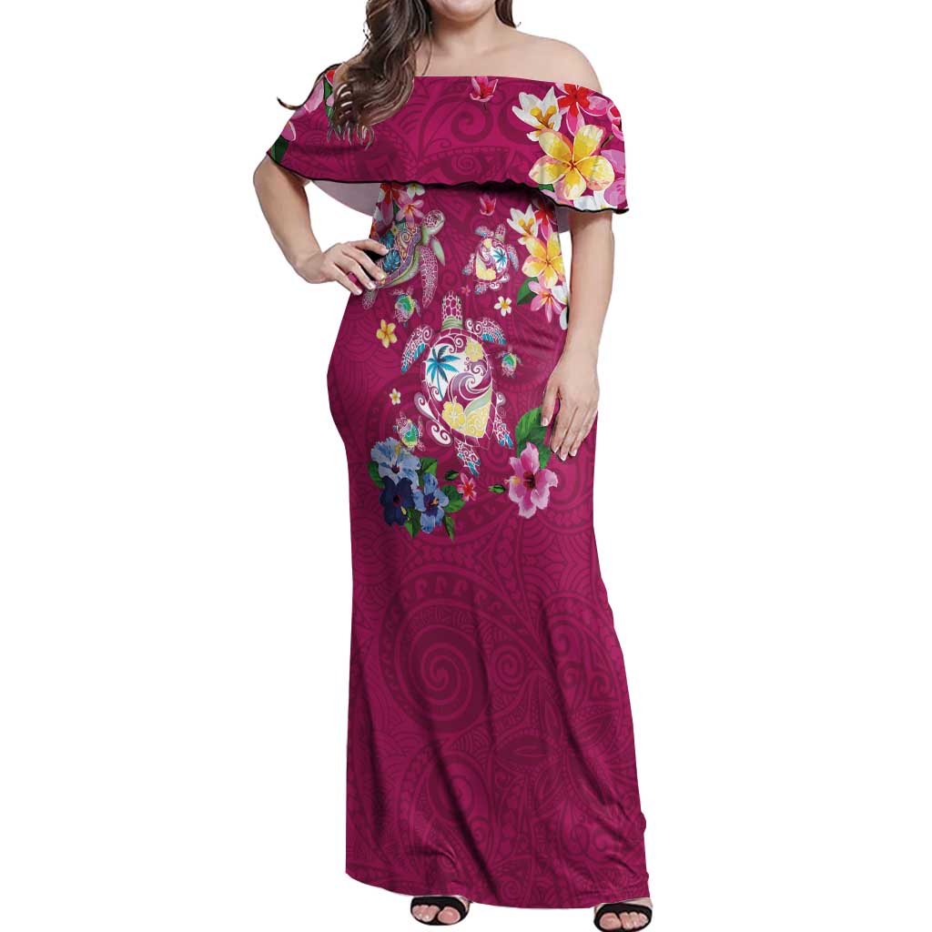 Hawaiian Turtles and Tropical Plants Off Shoulder Maxi Dress Pink Watercolor LT03 Women Pink - Polynesian Pride