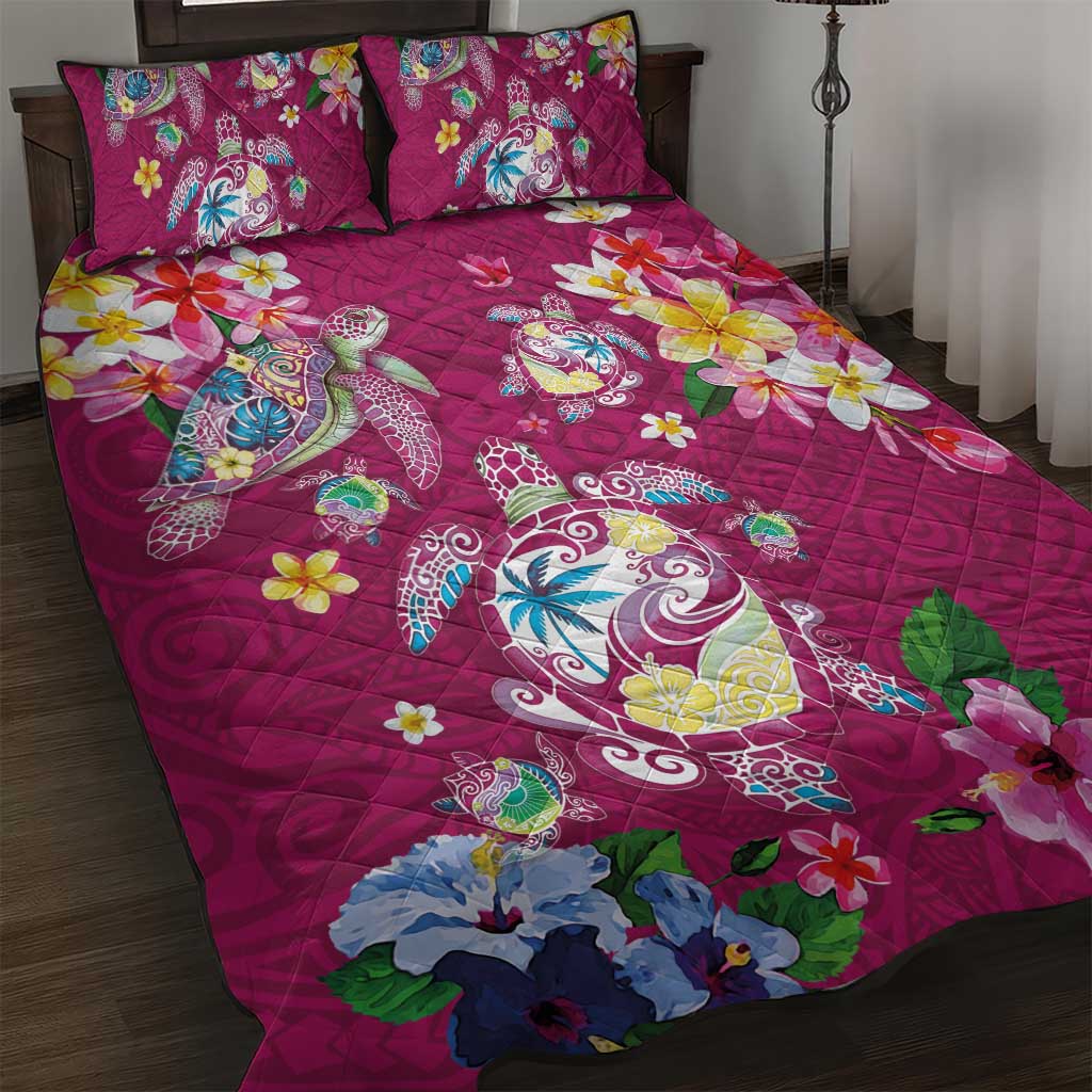 Hawaiian Turtles and Tropical Plants Quilt Bed Set Pink Watercolor LT03 Pink - Polynesian Pride