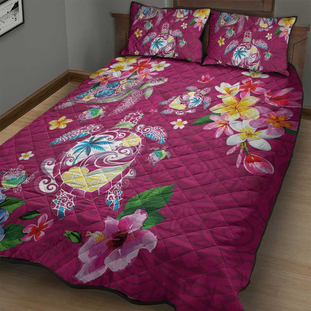 Hawaiian Turtles and Tropical Plants Quilt Bed Set Pink Watercolor LT03 - Polynesian Pride