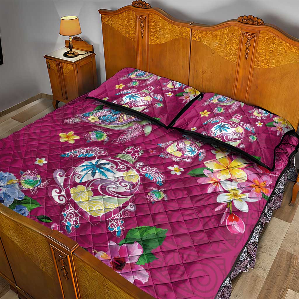 Hawaiian Turtles and Tropical Plants Quilt Bed Set Pink Watercolor LT03 - Polynesian Pride
