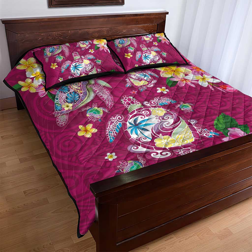 Hawaiian Turtles and Tropical Plants Quilt Bed Set Pink Watercolor LT03 - Polynesian Pride