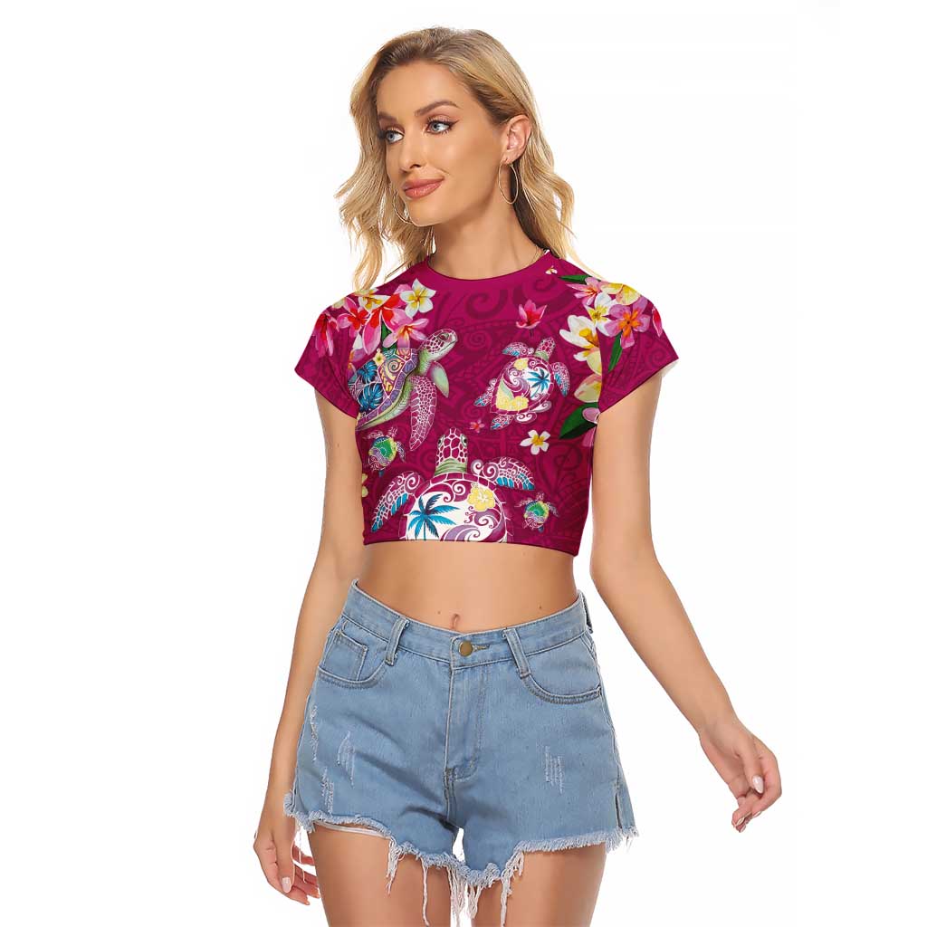 Hawaiian Turtles and Tropical Plants Raglan Cropped T Shirt Pink Watercolor