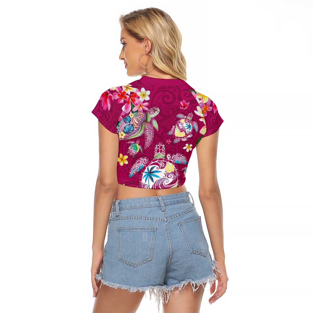 Hawaiian Turtles and Tropical Plants Raglan Cropped T Shirt Pink Watercolor