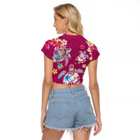 Hawaiian Turtles and Tropical Plants Raglan Cropped T Shirt Pink Watercolor