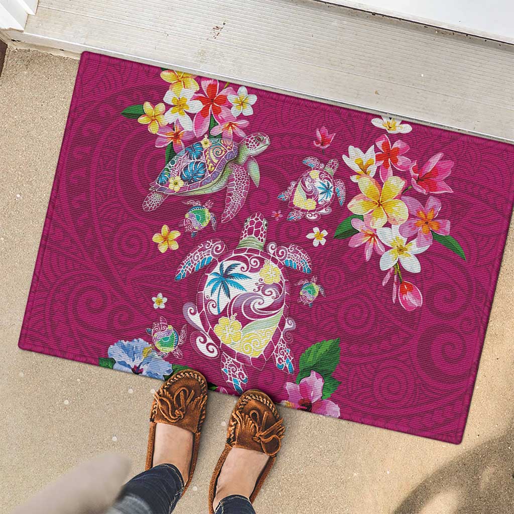 Hawaiian Turtles and Tropical Plants Rubber Doormat Pink Watercolor LT03 - Polynesian Pride
