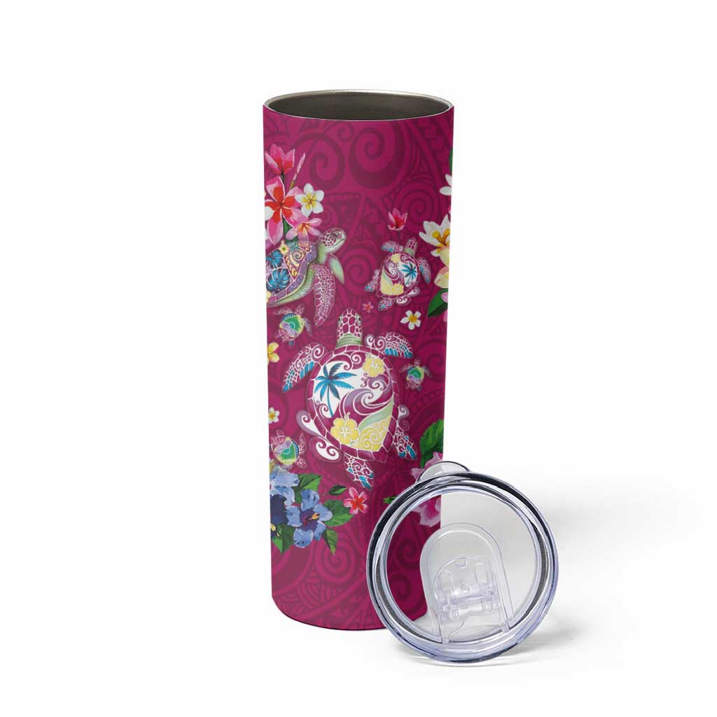 Hawaiian Turtles and Tropical Plants Skinny Tumbler Pink Watercolor