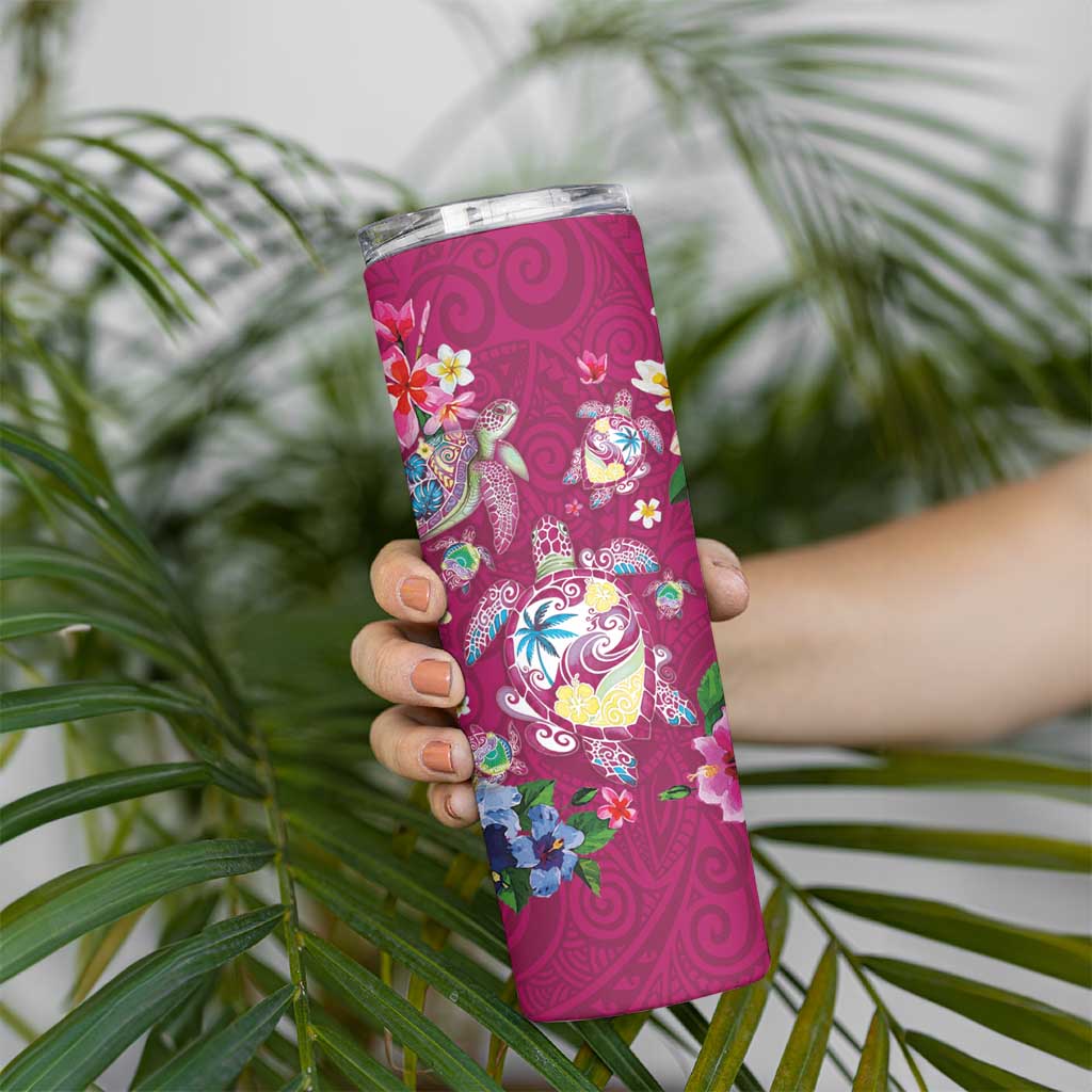 Hawaiian Turtles and Tropical Plants Skinny Tumbler Pink Watercolor