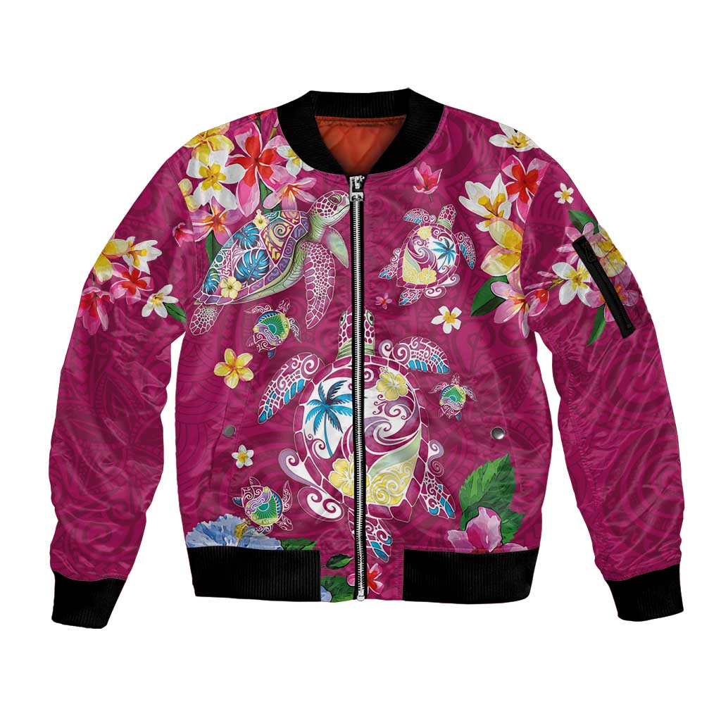Hawaiian Turtles and Tropical Plants Sleeve Zip Bomber Jacket Pink Watercolor LT03 Unisex Pink - Polynesian Pride