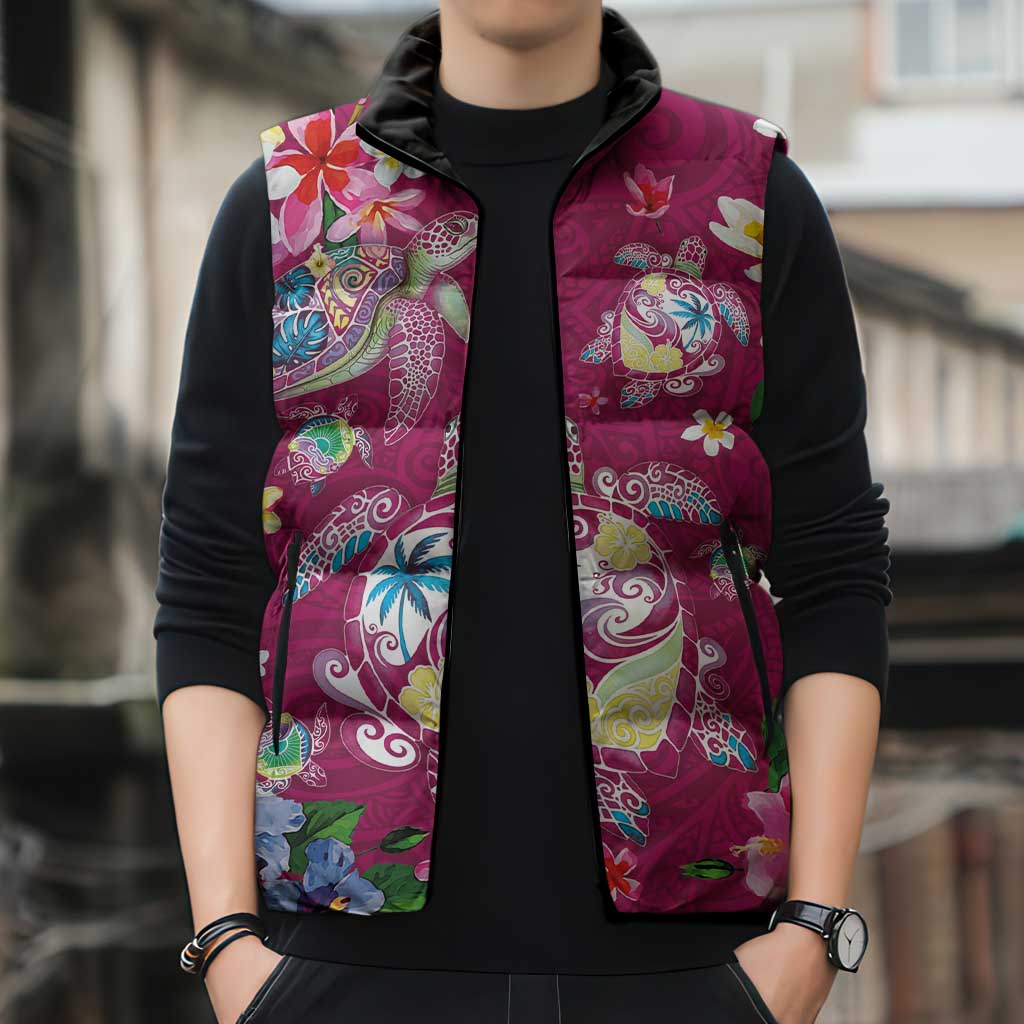 Hawaiian Turtles and Tropical Plants Sleeveless Puffer Jacket Pink Watercolor LT03 - Polynesian Pride