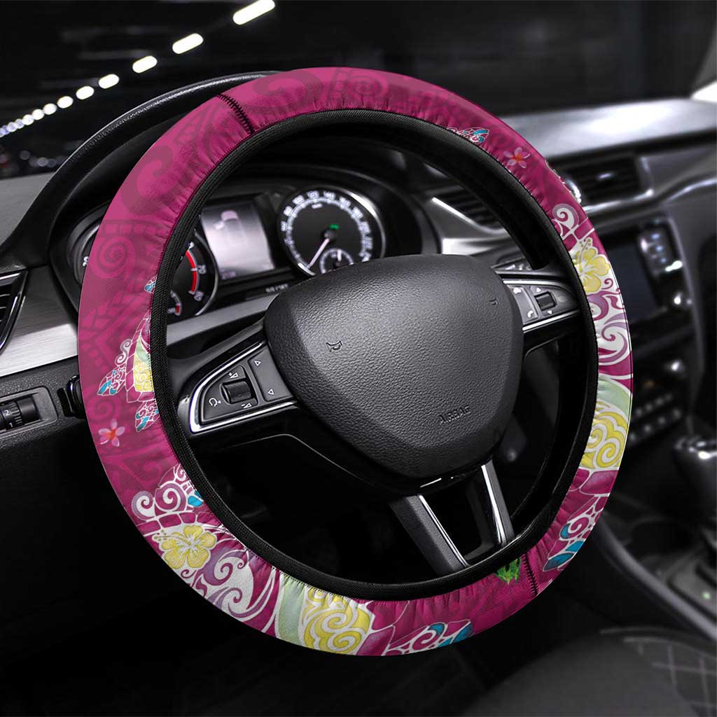 Hawaiian Turtles and Tropical Plants Steering Wheel Cover Pink Watercolor LT03 Universal Fit Pink - Polynesian Pride
