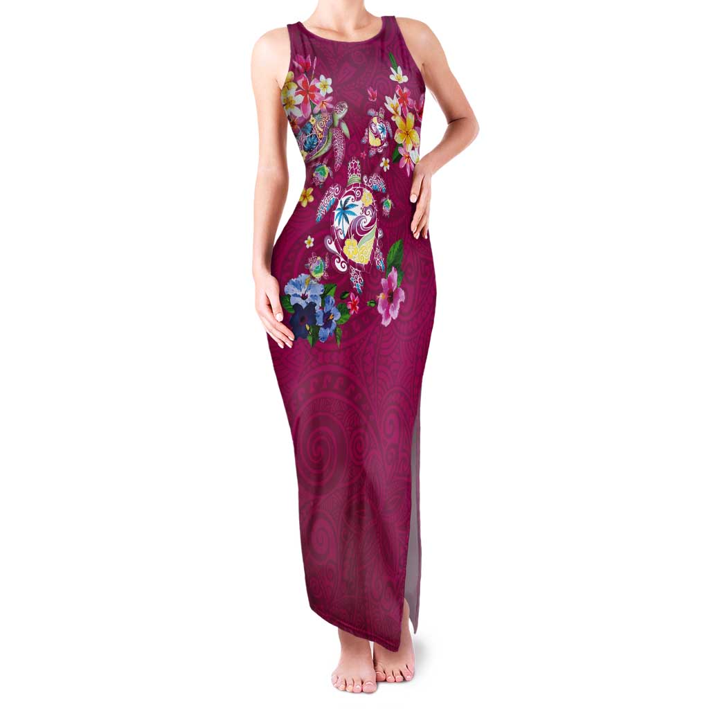 Hawaiian Turtles and Tropical Plants Tank Maxi Dress Pink Watercolor